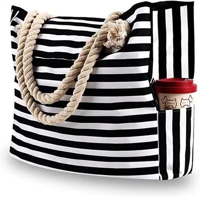 Custom Printed Waterproof Stripe Cotton Canvas Beach Bag With Grommet Rope Handle