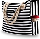 Custom Printed Waterproof Stripe Cotton Canvas Beach Bag With Grommet Rope Handle