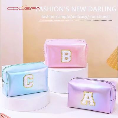 Pearlescent PU Leather Embroidered Letter Makeup Bag Large Capacity Toiletry Bag Travel Daily Organizer Clutch Cosmetic Bags