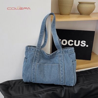 Denim Tote Bag 2026 New Korean Style Fashionable Casual Shoulder Bag Large Capacity Literary Style Commuting Tote Bags with LOGO