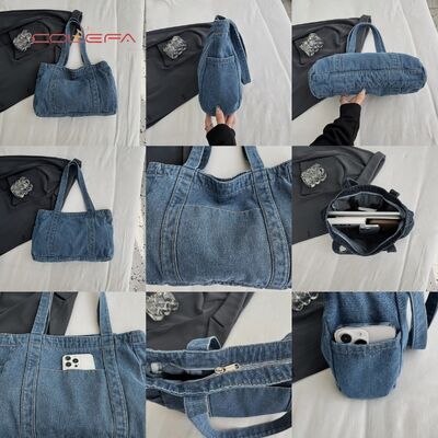 Denim Tote Bag 2026 New Korean Style Fashionable Casual Shoulder Bag Large Capacity Literary Style Commuting Tote Bags with LOGO