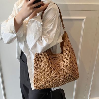 Customizable New Crocheted khaki Beach Bag for Vacation Beach-Ready Straw Tote Versatile Single Shoulder Crochet Bags