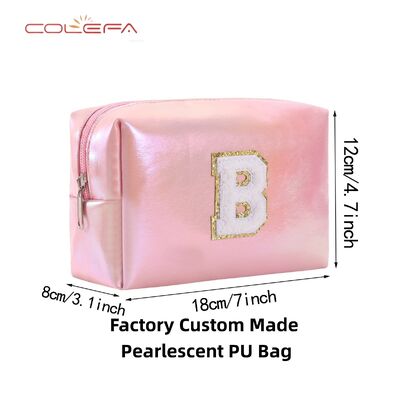 Pearlescent PU Leather Embroidered Letter Makeup Bag Large Capacity Toiletry Bag Travel Daily Organizer Clutch Cosmetic Bags